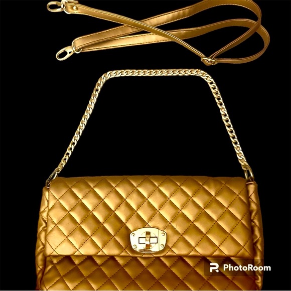 Jing Pin Pi Ju Quilted Metallic Bag Gold Chain Strap and Detachable Strap EUC - Picture 3 of 7